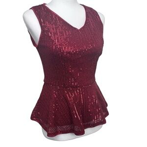 Grace Karin Red Sequin Peplum Sleeveless Blouse Top Size Small Holiday Party